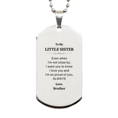 Little Sister Gifts from Brother, Graduation Birhday Little Sister Silver Dog Tag Long Distance Relationship Gifts for Little Sister Even when I'm not close by, I want you to know I love you. Love, Brother