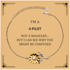 Badass Pilot Gifts, I'm Pilot not a magician, Sarcastic Sunflower Bracelet for Pilot Birthday Christmas for  Men, Women, Friends, Coworkers
