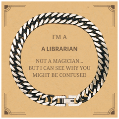 Badass Librarian Gifts, I'm Librarian not a magician, Sarcastic Cuban Link Chain Bracelet for Librarian Birthday Christmas for  Men, Women, Friends, Coworkers