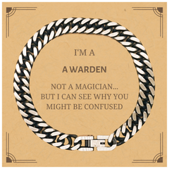 Badass Warden Gifts, I'm Warden not a magician, Sarcastic Cuban Link Chain Bracelet for Warden Birthday Christmas for  Men, Women, Friends, Coworkers