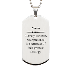 Abuela Thank You Gifts, Your presence is a reminder of life's greatest, Appreciation Blessing Birthday Silver Dog Tag for Abuela