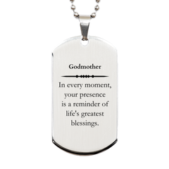 Godmother Thank You Gifts, Your presence is a reminder of life's greatest, Appreciation Blessing Birthday Silver Dog Tag for Godmother