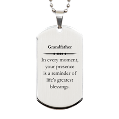 Grandfather Thank You Gifts, Your presence is a reminder of life's greatest, Appreciation Blessing Birthday Silver Dog Tag for Grandfather