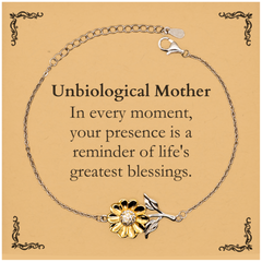 Unbiological Mother Thank You Gifts, Your presence is a reminder of life's greatest, Appreciation Blessing Birthday Sunflower Bracelet for Unbiological Mother