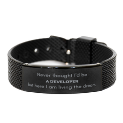 Funny Developer Gifts, Never thought I'd be Developer, Appreciation Birthday Black Shark Mesh Bracelet for Men, Women, Friends, Coworkers