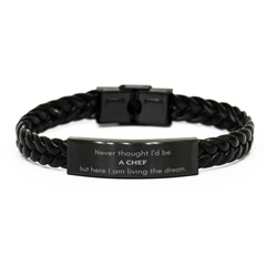 Funny Chef Gifts, Never thought I'd be Chef, Appreciation Birthday Braided Leather Bracelet for Men, Women, Friends, Coworkers