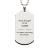 Funny Barber Gifts, Never thought I'd be Barber, Appreciation Birthday Silver Dog Tag for Men, Women, Friends, Coworkers