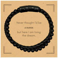 Funny Nurse Gifts, Never thought I'd be Nurse, Appreciation Birthday Stone Leather Bracelets for Men, Women, Friends, Coworkers