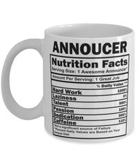 Funny Announcer Nutritional Facts Coffee Mug 11oz White