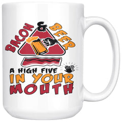 Funny Bacon Mug Bacon Beer High Five In Your Mouth 15oz White Coffee Mugs