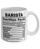 Funny Barista Nutritional Facts Coffee Mug 11oz White
