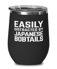 Funny Cat Wine Tumbler Easily Distracted By Japanese Bobtails Stemless Wine Glass 12oz Stainless Steel