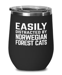 Funny Cat Wine Tumbler Easily Distracted By Norwegian Forest Cats Stemless Wine Glass 12oz Stainless Steel