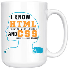 Funny Coder Programmer Mug I Know HTML And CSS 15oz White Coffee Mugs