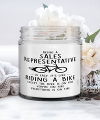 Funny Sales Representative Candle Being A Sales Representative Is Easy It's Like Riding A Bike Except 9oz Vanilla Scented Candles Soy Wax