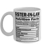 Funny Sister-in-law Nutritional Facts Coffee Mug 11oz White