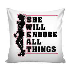 Funny Womens Fitness Graphic Pillow Cover She Will Endure All Things