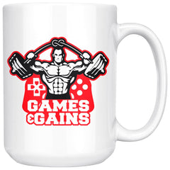 Gamer Weightlifting Mug Games And Gains 15oz White Coffee Mugs