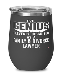 Funny Family Divorce Lawyer Wine Glass Evil Genius Cleverly Disguised As A Family and Divorce Lawyer 12oz Stainless Steel Black