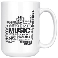 Typographic Music Mug Musical Word Cloud 15oz White Coffee Mugs
